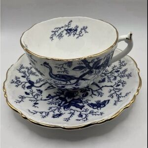 Coalport Cairo Bone China Blue & White Teacup & Saucer Gold Color Rim England